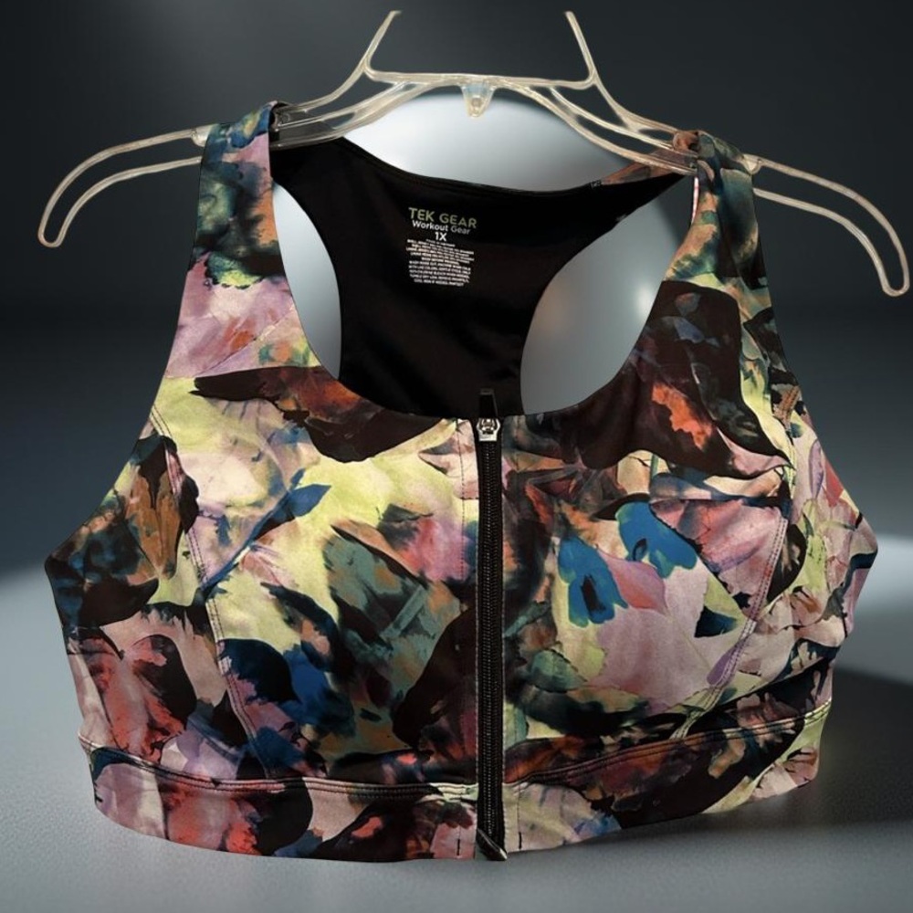 🖤 Tek Gear Front Zip padded Sports Bra – Abstract Floral Print – Size 1X